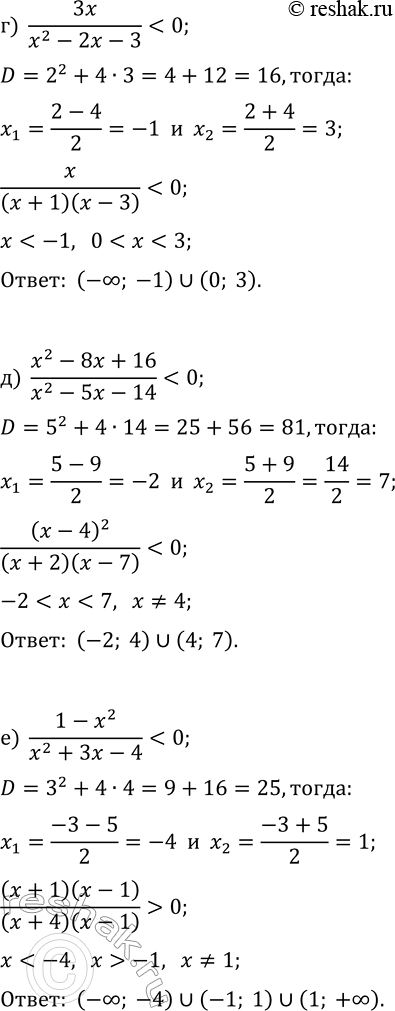Решение задачи: 11.15. При каких значениях переменной график функции y=g(x) расположен ниже оси абсцисс, если: а) g(x)=x/(4x^2-36); г) g(x)=3x/(x^2-2x-3); б) g(x)=(x^2+2x-15)/(x^2-2x+1); д) g(x)=(x^2-8x+16)/(x^2-5x-14);