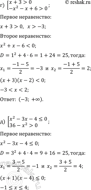Решение задачи: 12.21. Решите совокупность неравенств: а) [3x-1 &gt; 0, 2x+7 &gt; 0]; г) [x+3 &gt; 0, -x^2-x+6 &gt; 0]; б) [4x-10 0];