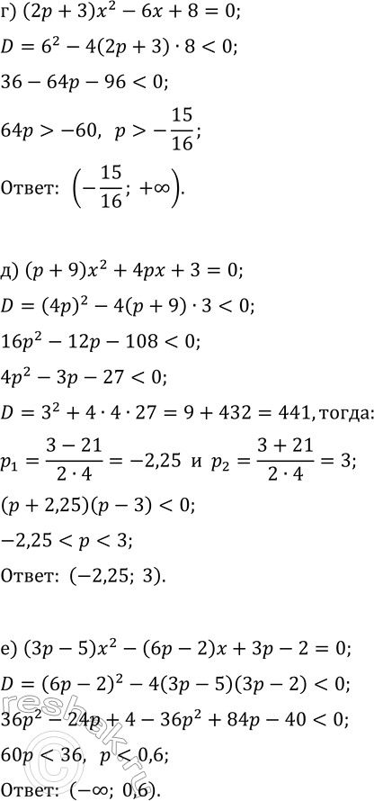 Решение задачи: 15.7. Найдите все значения параметра р, при которых уравнение не имеет действительных корней: а) (p-1)x^2-4x+5=0; б) (p-15)x^2+4px-3=0; в) (2p-3)x^2-(4p-2)x+2p-1=0; г) (2p+3)x^2-6x+8=0;