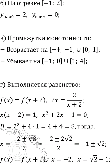 Решение задачи: 16.13. Дана функция y=f(x), где f(x)={-x^2-2x, если -4?x а) Постройте график функции y=f(x). б) Найдите наибольшее и наименьшее значения функции на отрезке [-1;