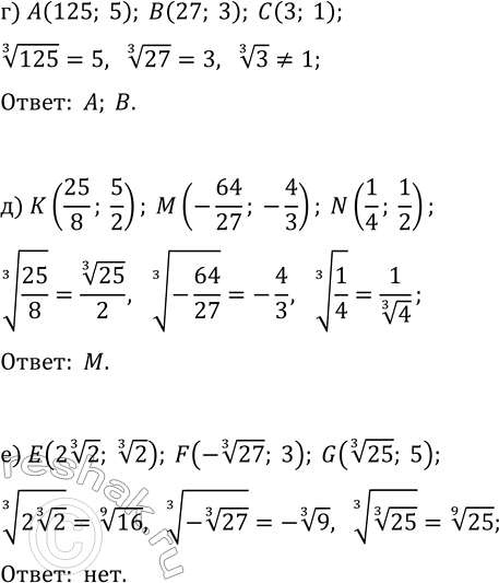 Решение задачи: 24.1. Не выполняя построения, выясните, принадлежит ли графику функции y=x^(1/3) заданная точка: а) A(-27; 3), B(8; 2), C(0; 0); б) K(8/27;