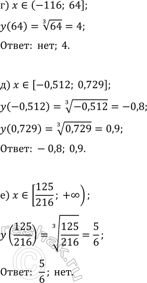 Решение задачи: 24.8. Найдите наименьшее и наибольшее значения функции y=f(x), где f(x)=x^(1/3), на заданном промежутке: а) x?[-27; 100); г) x?(-116; 64]; б) x?[-0,125;