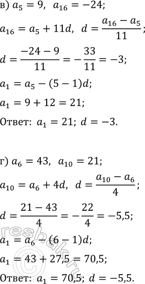 Решение задачи: 28.18. Найдите разность и первый член арифметической прогрессии (a_n), если: а) a_3=-2, a_9=19; в) a_5=9, a_16=-24; б) a_7=36, a_15=64; г) a_6=43, a_10=21.