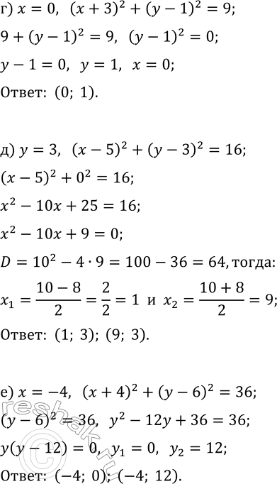 Решение задачи: 3.16. Найдите координаты точек пересечения прямой и окружности: а) y=0 и (x-1)^2+(y-4)^2=16; б) x=2 и (x-2)^2+(y+4)^2=4; в) y=-5 и (x+1)^2+(y+5)^2=25; г) x=0 и (x+3)^2+(y-1)^2=9;