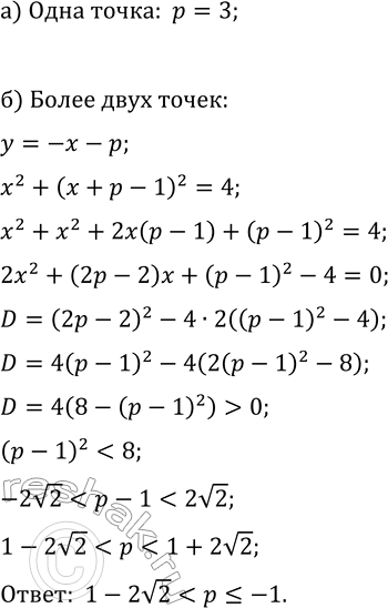 Решение задачи: 3.20. При каком значении параметра p график уравнения |x|+y+p=0 имеет с окружностью x^2+(y+1)^2=4: а) единственную точку пересечения; б) более двух точек пересечения?