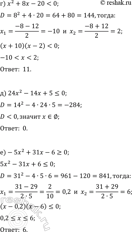 Решение задачи: 9.12. Сколько целочисленных решений имеет неравенство: а) x^2-6x+5?0; г) x^2+8x-20 б) 21x^2+5x-4 в) -3x^2+13x-4?0; е) -5x^2+31x-6?0? *Цитирирование задания со ссылкой на учебник производится исключительно в учебных целях для лучшего понимания разбора решения задания.