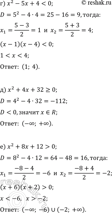 Решение задачи: 9.2. Решите неравенство: а) x^2-6x+5 > 0; г) x^2-5x+4 б) x^2-5x-14?0; д) x^2+4x+32?0; в) x^2-6x+11 > 0; е) x^2+8x+12 > 0.