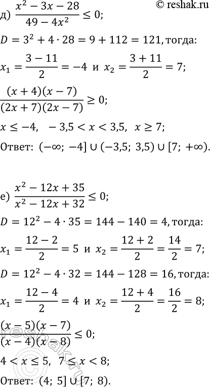 Решение задачи: 11.7. Решите неравенство: а) (x^2-4x+3)/(4x^2-9)?0; г) (16x^2-25)/(x^2-10x+24)?0; б) (36-25x^2)/(x^2+2x-35)?0; д) (x^2-3x-28)/(49-4x^2)?0; в) (x^2+11x+30)/(x^2+11x+28)?0; е) (x^2-12x+35)/(x^2-12x+32)?0. *Цитирирование задания со ссылкой на учебник производится исключительно в учебных целях для лучшего понимания разбора решения задания.
