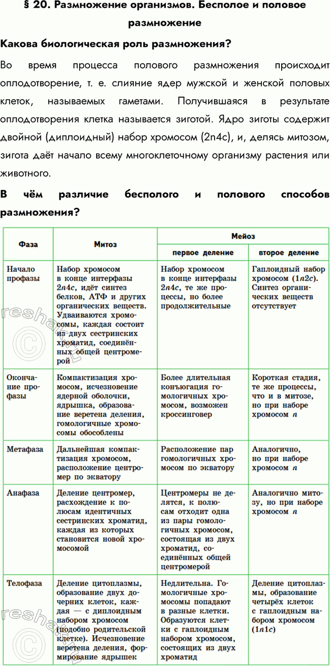 Решение задачи: § 20. Размножение организмов. Бесполое и половое размножение Какова биологическая роль размножения? Во время процесса полового размножения происходит оплодотворение, т. е.