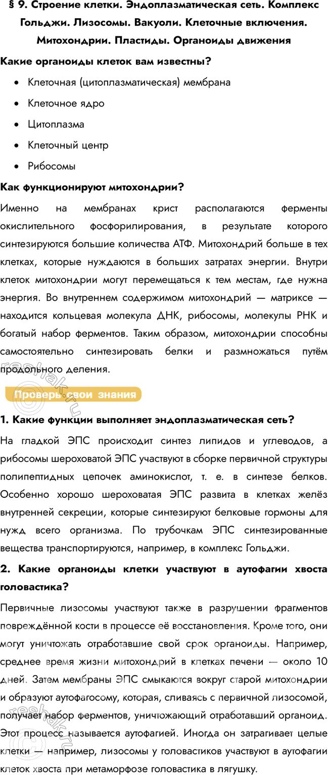Решение задачи: § 9. Строение клетки. Эндоплазматическая сеть. Комплекс Гольджи. Лизосомы. Вакуоли. Клеточные включения. Митохондрии. Пластиды. Органоиды движения Какие органоиды клеток вам известны?