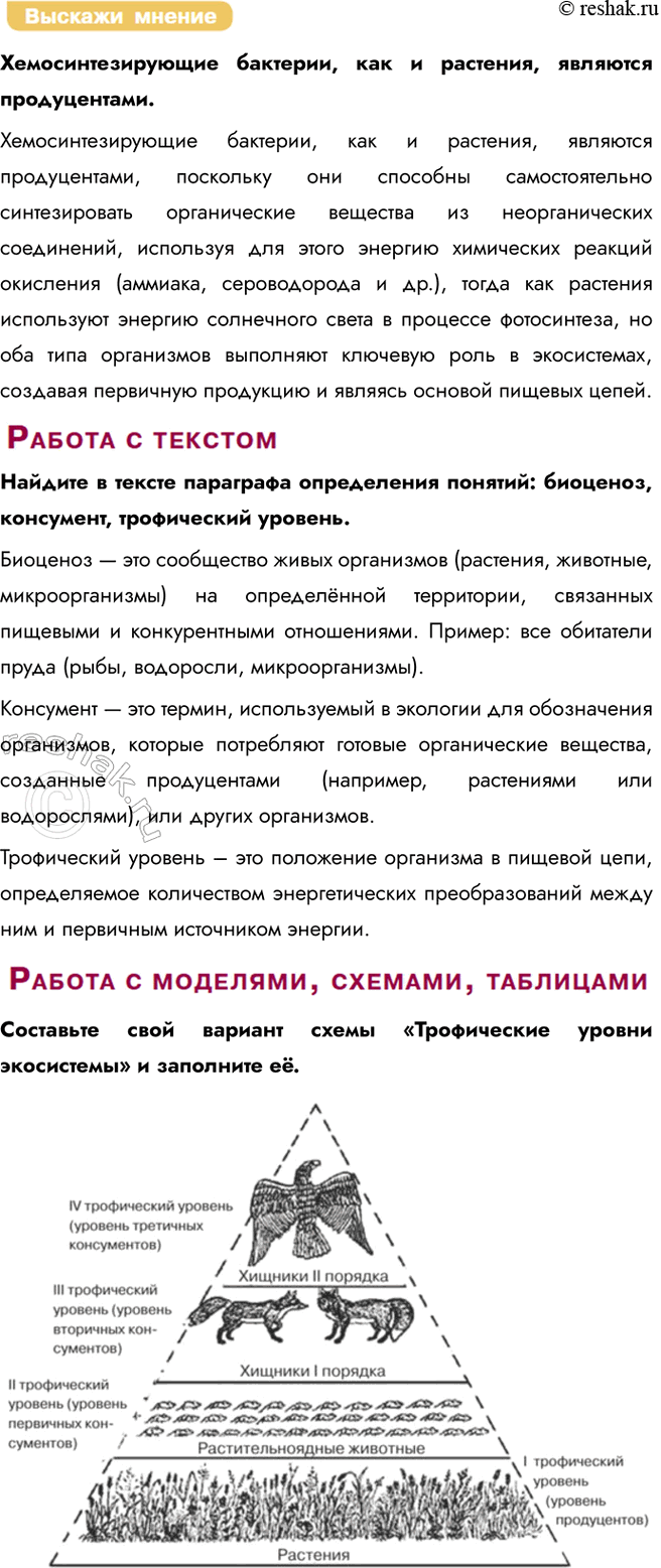 Решение задачи: § 26. Экосистема. Биогеоценоз. Круговорот веществ и поток энергии в экосистеме Что такое экосистема? Экосистема — это биологическая система, состоящая из сообщества живых организмов (биоценоза), среды их обитания (абиотических факторов) и системы связей, обеспечивающих обмен веществом и энергией между ними.