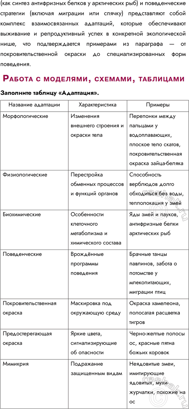 Решение задачи: § 10. Приспособленность организмов к среде обитания как результат действия естественного отбора Что такое адаптация, какую роль она играет в жизни организмов?