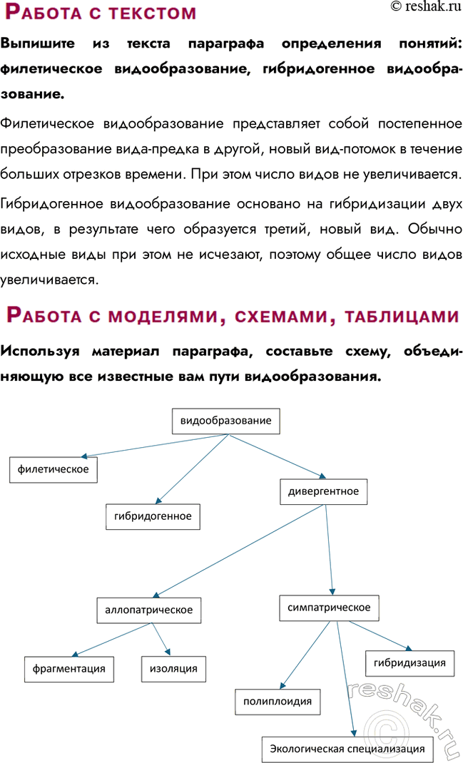 Решение задачи: § 11. Микроэволюция. Способы и пути видообразования. Многообразие видов как результат эволюции Что такое вид? Вид — это совокупность популяций, особи которых способны к скрещиванию и образованию плодовитого потомства, обладают общими морфофизиологическими признаками и занимают определённый ареал.