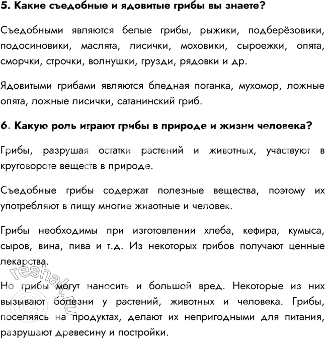 Решение задачи: §13. Царство Грибы: многообразие и значение 1. Какие грибы вы знаете? Подосиновик, рыжик, белый гриб, опёнок, лисичка, сыроежка, мухомор, шампиньон. 2.