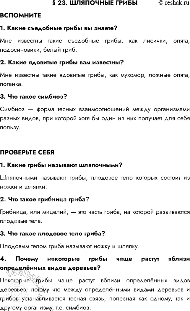 Решение задачи: § 23. ШЛЯПОЧНЫЕ ГРИБЫ ВСПОМНИТЕ 1. Какие съедобные грибы вы знаете? Мне известны такие съедобные грибы, как лисички, опята, подосиновики, белый гриб.