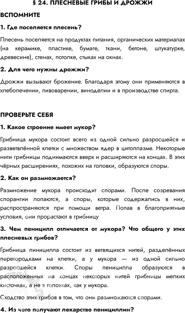 Решение задачи: § 24. ПЛЕСНЕВЫЕ ГРИБЫ И ДРОЖЖИ ВСПОМНИТЕ 1. Где поселяется плесень? Плесень поселяется на продуктах питания, органических материалах (на керамике, пластике, бумаге, ткани, бетоне, штукатурке, древесине), стенах, потолке, стыках на окнах.