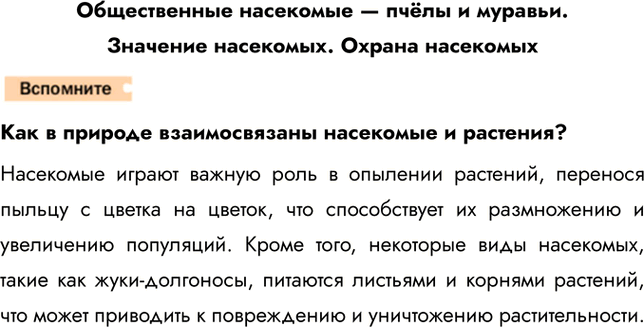 Решение задачи: Общественные насекомые — пчёлы и муравьи. Значение насекомых. Охрана насекомых Как в природе взаимосвязаны насекомые и растения? Насекомые играют важную роль в опылении растений, перенося пыльцу с цветка на цветок, что способствует их размножению и увеличению популяций.