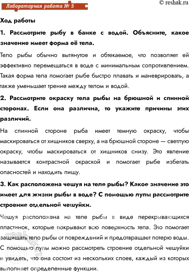 Решение задачи: Ход работы 1. Рассмотрите рыбу в банке с водой. Объясните, какое значение имеет форма её тела. Тело рыбы обычно вытянутое и обтекаемое, что позволяет ей эффективно перемещаться в воде с минимальным сопротивлением.