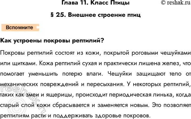 Решение задачи: Глава 11. Класс Птицы § 25. Внешнее строение птиц Как устроены покровы рептилий? Покровы рептилий состоят из кожи, покрытой роговыми чешуйками или щитками.