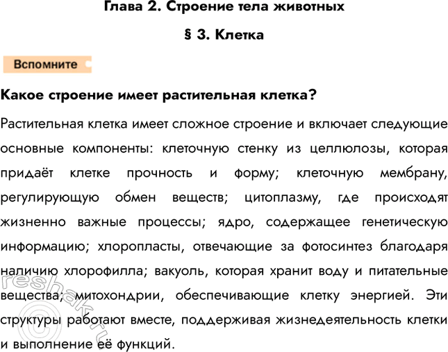 Решение задачи: Глава 2. Строение тела животных § 3. Клетка Какое строение имеет растительная клетка? Растительная клетка имеет сложное строение и включает следующие основные компоненты: