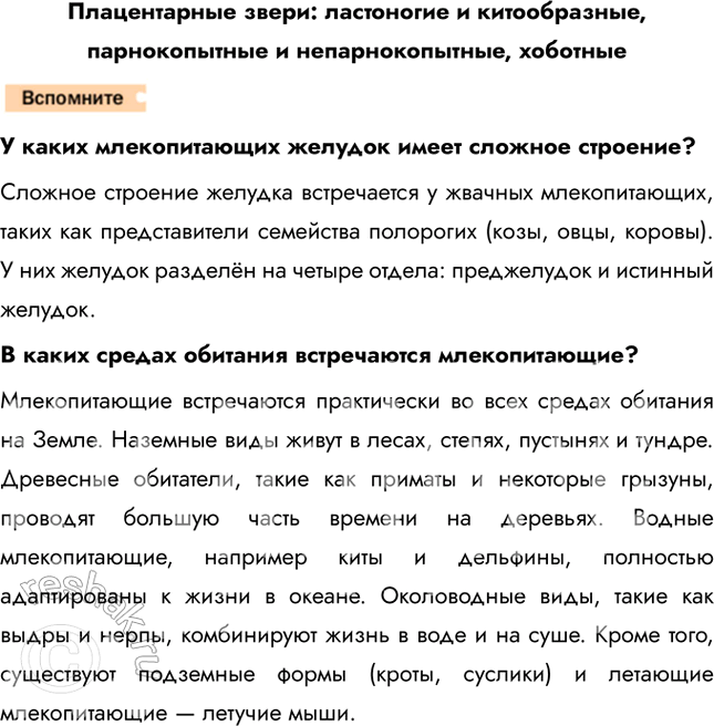 Решение задачи: Плацентарные звери: ластоногие и китообразные, парнокопытные и непарнокопытные, хоботные У каких млекопитающих желудок имеет сложное строение? Сложное строение желудка встречается у жвачных млекопитающих, таких как представители семейства полорогих (козы, овцы, коровы).