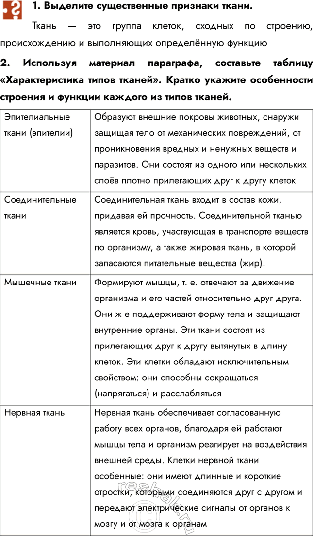 Решение задачи: 1. Выделите существенные признаки ткани. Ткань — это группа клеток, сходных по строению, происхождению и выполняющих определённую функцию 2. Используя материал параграфа, составьте таблицу «Характеристика типов тканей».