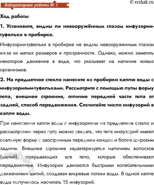 Решение задачи: Ход работы 1. Установите, видны ли невооружённым глазом инфузории-туфельки в пробирке. Инфузории-туфельки в пробирке не видны невооруженным глазом из-за их малых размеров и прозрачности.