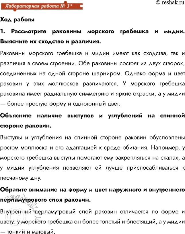 Решение задачи: Ход работы 1. Рассмотрите раковины морского гребешка и мидии. Выясните их сходство и различия. Раковины морского гребешка и мидии имеют как сходства, так и различия в своем строении.