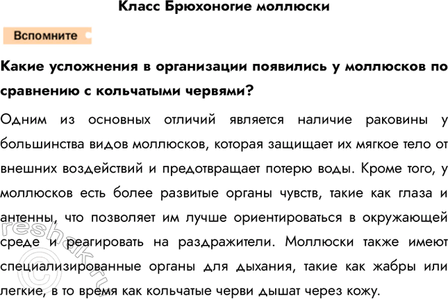 Решение задачи: Класс Брюхоногие моллюски Какие усложнения в организации появились у моллюсков по сравнению с кольчатыми червями? Одним из основных отличий является наличие раковины у большинства видов моллюсков, которая защищает их мягкое тело от внешних воздействий и предотвращает потерю воды.