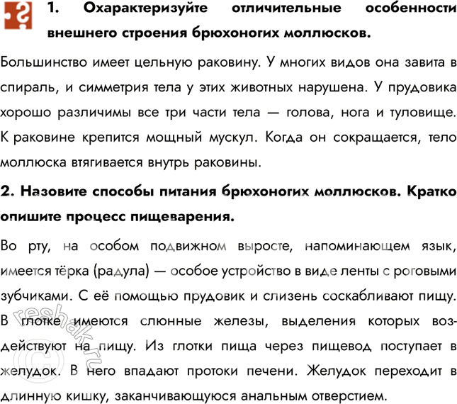 Решение задачи: 1. Охарактеризуйте отличительные особенности внешнего строения брюхоногих моллюсков. Большинство имеет цельную раковину. У многих видов она завита в спираль, и симметрия тела у этих животных нарушена.