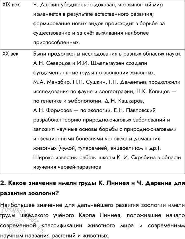 Решение задачи: 1. Используя текст параграфа и привлекая информационные ресурсы, составьте таблицу с характеристикой основных этапов развития зоологии. 2. Какое значение имели труды К.