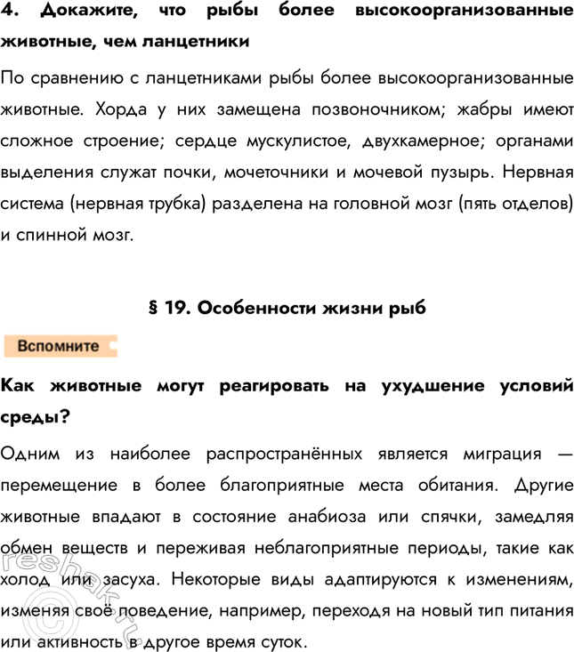 Решение задачи: 1. Установите взаимосвязь основных частей скелета рыбы и их функций. Основу скелета составляет позвоночник. К боковым отросткам позвонков примыкают узкие длинные рёбра — они прикрывают внутренние органы и служат опорой для туловищной мускулатуры.