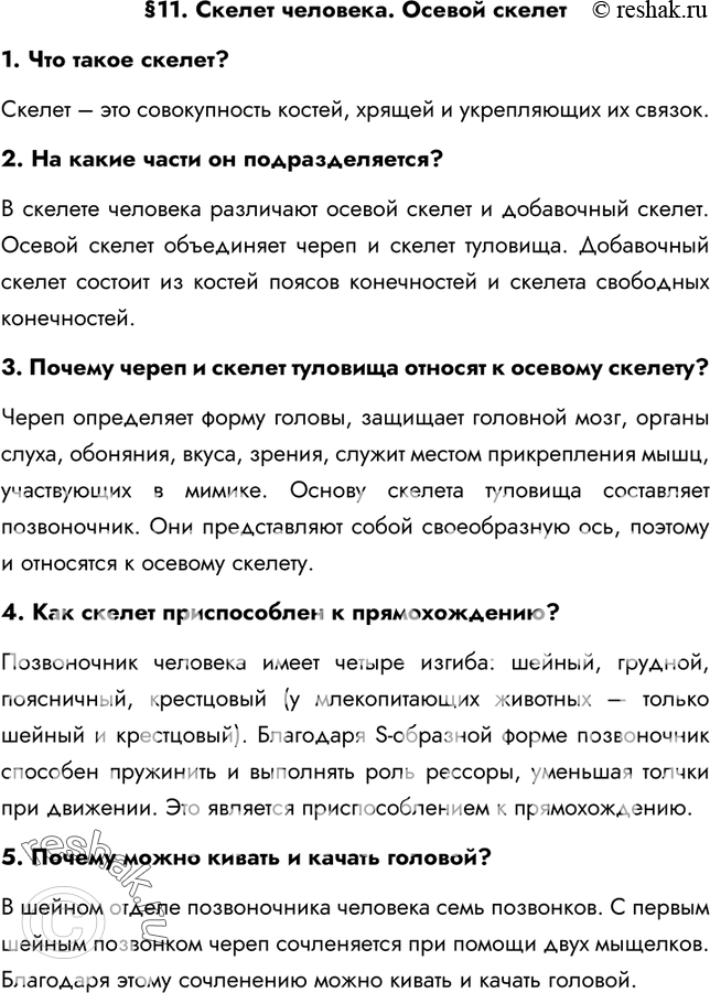 Решение задачи: §11. Скелет человека. Осевой скелет 1. Что такое скелет? Скелет – это совокупность костей, хрящей и укрепляющих их связок. 2. На какие части он подразделяется?