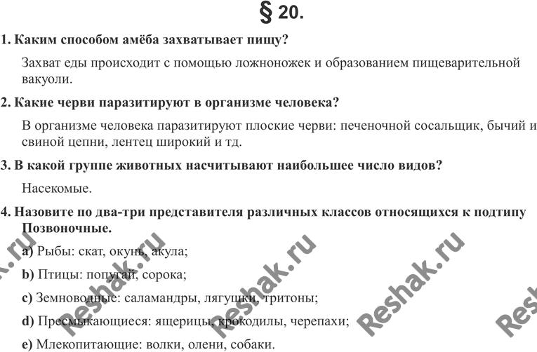 Решение задачи: 1. Каким способом амёба захватывает пищу? 2. Какие черви паразитируют в организме человека? 3. В какой группе животных насчитывают наибольшее число видов?
