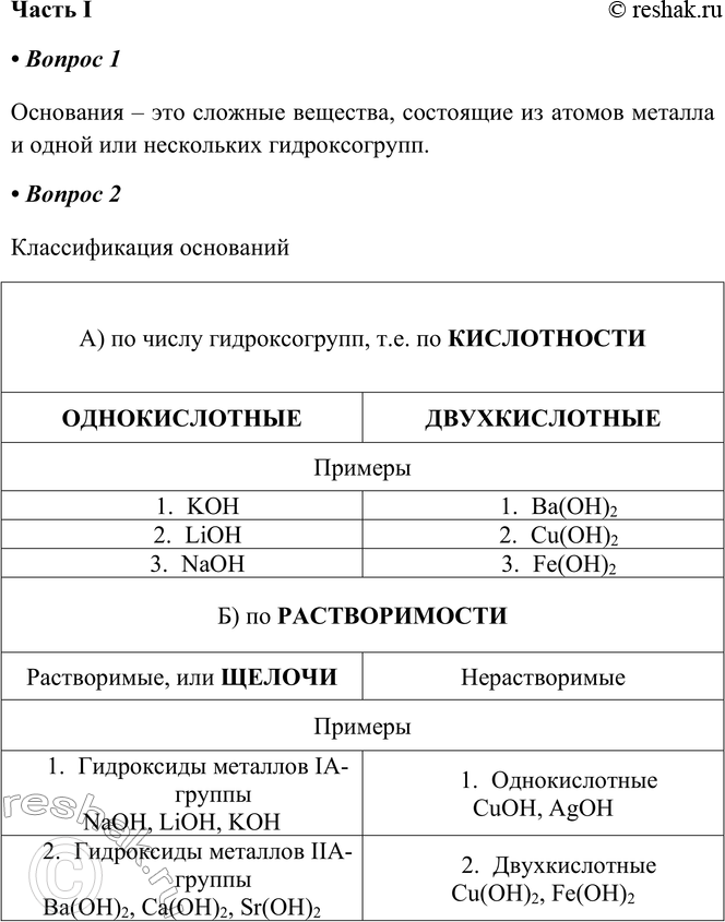 Решение задачи: § 24. Основания, их классификация и свойства Часть I 1. Основания — это Основания – это сложные вещества, состоящие из атомов металла и одной или нескольких гидроксогрупп.