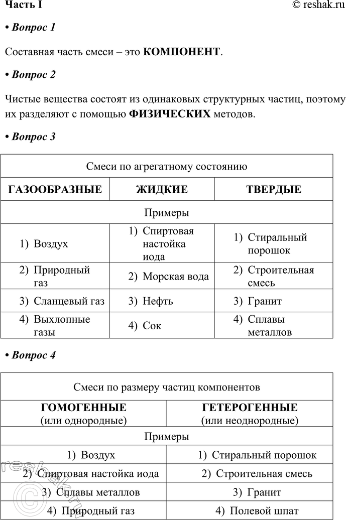 Решение задачи: § 4. Физические явления — основа разделения смесей в химии Часть I 1. Составная часть смеси — это __ КОМПОНЕНТ. 2.