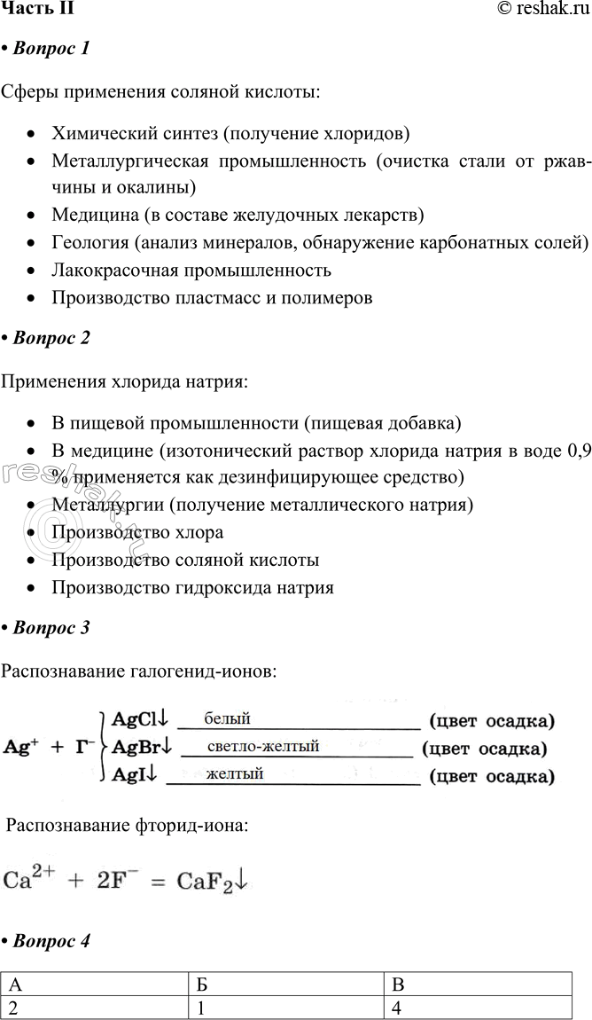 Решение задачи: Часть II 1. Заполните схему «Области применения хлороводорода и соляной кислоты». Сферы применения соляной кислоты: • Химический синтез (получение хлоридов) • Металлургическая промышленность (очистка стали от ржав-чины и окалины) • Медицина (в составе желудочных лекарств) • Геология (анализ минералов, обнаружение карбонатных солей) • Лакокрасочная промышленность • Производство пластмасс и полимеров 2.