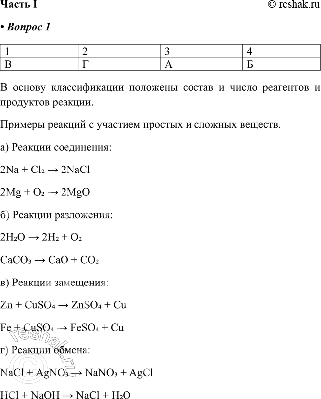 Решение задачи: § 2. Классификация химических реакций Часть I 1. Установите соответствие между типом химической реакции и её схемой. ТИП РЕАКЦИИ 1) соединения 2) разложения 3) замещения 4) обмена СХЕМА РЕАКЦИИ A) АВ + С = АС + В Б) АВ + CD = AD + СВ B) А + В = АВ Г) АВ = А + В Признак, который положен в основу данной классификации реакций Примеры реакций с участием простых и сложных веществ: