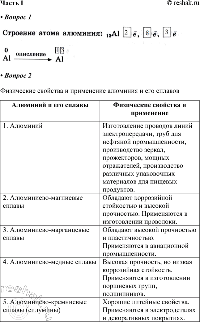Решение задачи: § 33. Алюминий и его соединения Часть I 1. Строение атома алюминия: 13Al 2. Заполните таблицу, используя дополнительные источники информации. Физические свойства и применение алюминия и его сплавов Алюминий и его сплавы Физические свойства и применение 1.