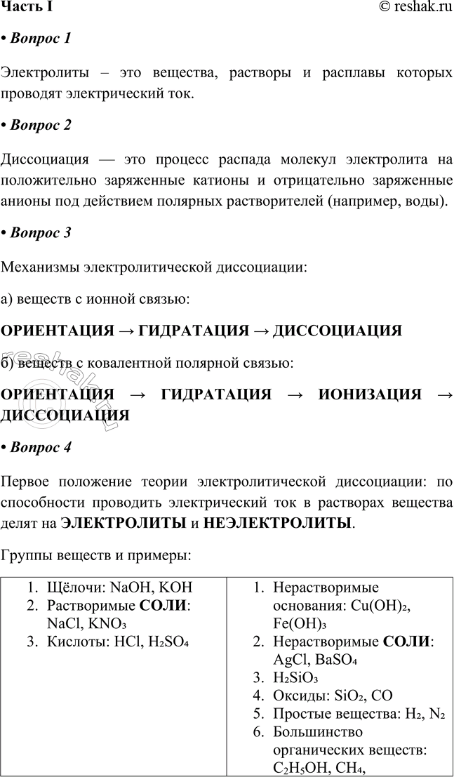 Решение задачи: Глава II Химические реакции в водных растворах § 4—5. Электролитическая диссоциация Часть I 1. Электролиты — это Электролиты – это вещества, растворы и расплавы которых проводят электрический ток.