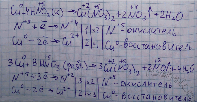 Решение задачи: Рассмотрите уравнения реакций разбавленной и концентрированной азотной кислоты с медью с точки зрения процессов окисления-восстановления. *Цитирирование задания со ссылкой на учебник производится исключительно в учебных целях для лучшего понимания разбора решения задания.