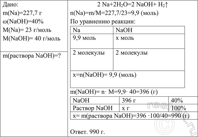 Решение задачи: Рассчитайте, сколько граммов 40%-го раствора щёлочи можно получить из натрия, массу которого вы определили в предыдущей задаче. *Цитирирование задания со ссылкой на учебник производится исключительно в учебных целях для лучшего понимания разбора решения задания.