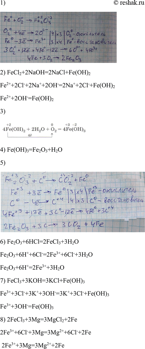 Решение задачи: Составьте уравнения реакций, с помощью которых можно осуществить следующие превращения:Fe - &gt; FeCl2 - &gt; Fe(OH)2 - &gt; Fe(OH)3 - &gt;