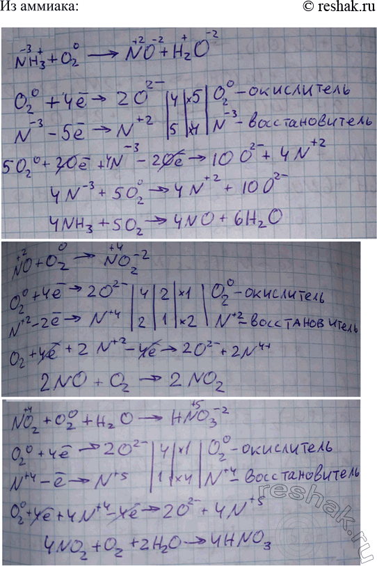 Решение задачи: Предложите две цепочки превращений, приводящих к получению азотной кислоты, исходя из азота и аммиака. Опишите окислительно-восстановительные реакции, используя метод электронного баланса.