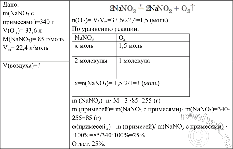Решение задачи: При прокаливании 340 г натриевой селитры получили 33,6 л (н. у.) кислорода. Рассчитайте массовую долю примесей в селитре. *Цитирирование задания со ссылкой на учебник производится исключительно в учебных целях для лучшего понимания разбора решения задания.