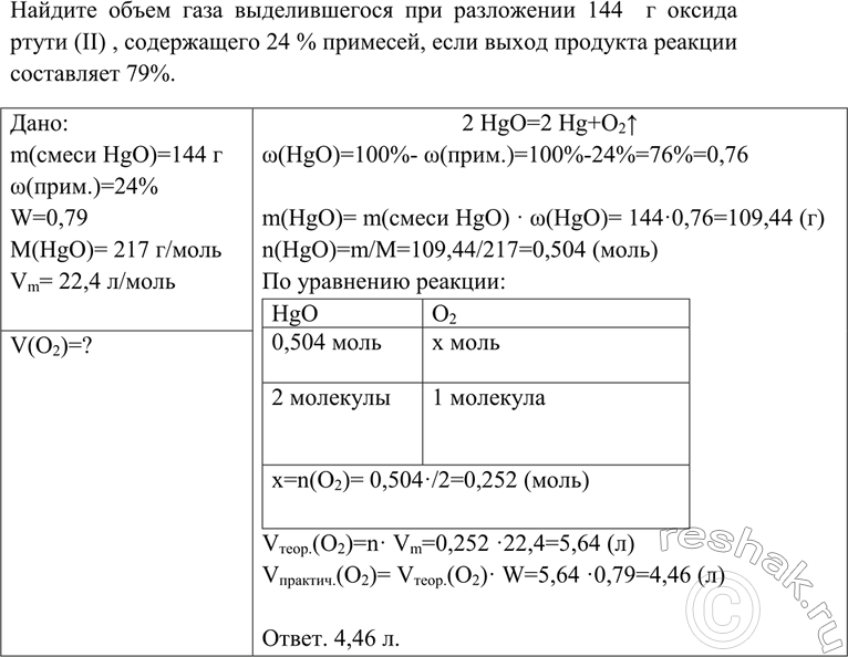 Решение задачи: Английский химик Дж. Пристли получил кислород разложением оксида ртути (II). Напишите уравнение этой реакции. Придумайте и решите задачу, в условии которой были бы указаны масса исходного вещества и доля в нём примесей, а требовалось бы найти объём кислорода при известном выходе его от теоретически возможного.
