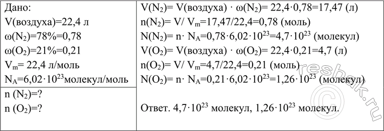 Решение задачи: Определите число молекул: а) кислорода; б) азота, содержащихся в 22,4 л воздуха при н. у. *Цитирирование задания со ссылкой на учебник производится исключительно в учебных целях для лучшего понимания разбора решения задания.