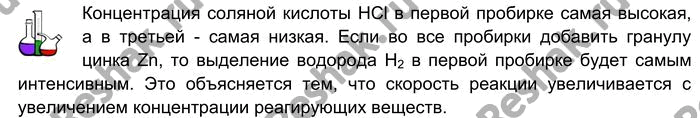 Решение задачи: Лабораторный опыт № 5 Зависимость скорости химической реакции от концентрации реагирующих веществ на примере взаимодействия цинка с соляной кислотой различной концентрации Налейте в три пробирки соляную кислоту:
