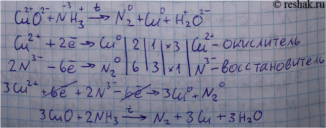 Решение задачи: Используя метод электронного баланса, определите коэффициенты в следующей схеме химической реакции: CuO + NH3 - &gt; N2 + Cu + H2O.