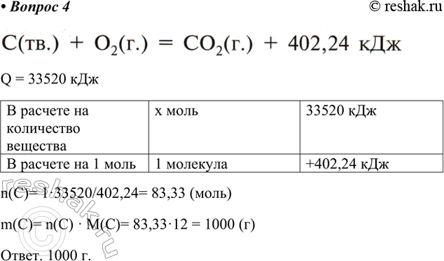 Решение задачи: 4. Вычислите, сколько сгорело угля, если при этом выделилось 33 520 кДж теплоты. Ответ 1 Q = 33520 кДж В расчете на количество вещества x моль 33520 кДж В расчете на 1 моль 1 молекула +402,24 кДж n(C)= 1·33520/402,24= 83,33 (моль) m(C)= n(C) · M(C)= 83,33·12 = 1000 (г) Ответ.